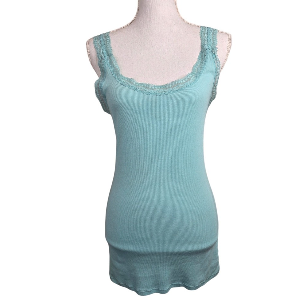 Vtg Y2K Old Navy Blue Tank Top Womens Size Medium Lace Trim Camisole Bella Elena
